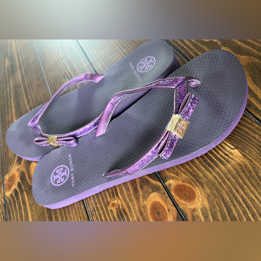 Tory Burch flip flops, purple with glittery straps, size 10